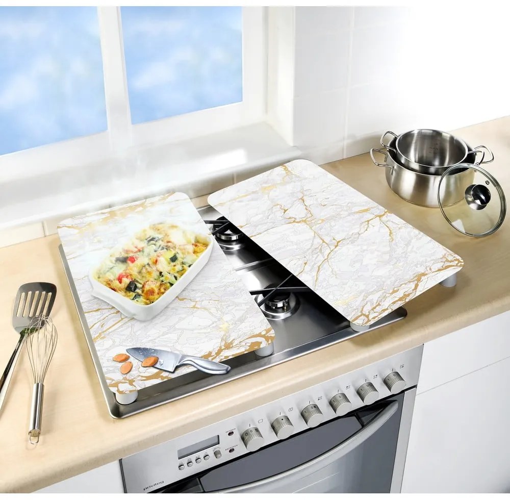 Fehér-aranyszínű edzett üveg tűzhely fedőlap szett 2 db-os 30x52 cm Marble – Wenko
