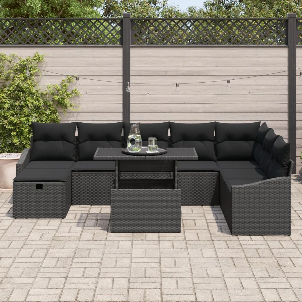 9 Darabos Kerti Kanapé Szett Párnákkal Fekete Poly Rattan
