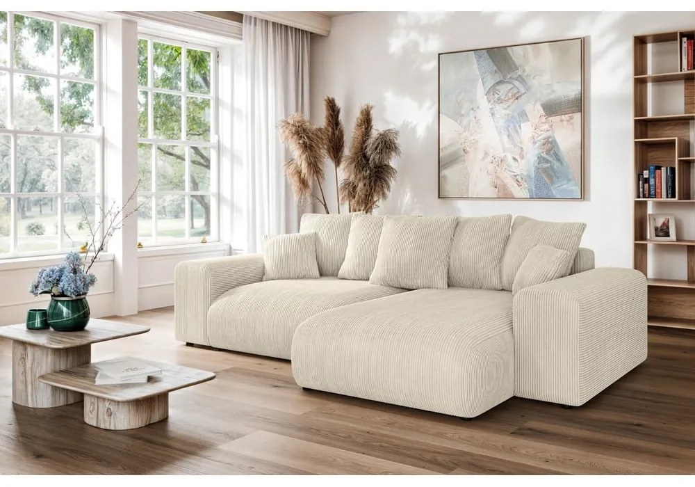 Krémszínű kordbársony kinyitható tárolóhelyes sarokkanapé (variálható sarok) Luma – Ropez