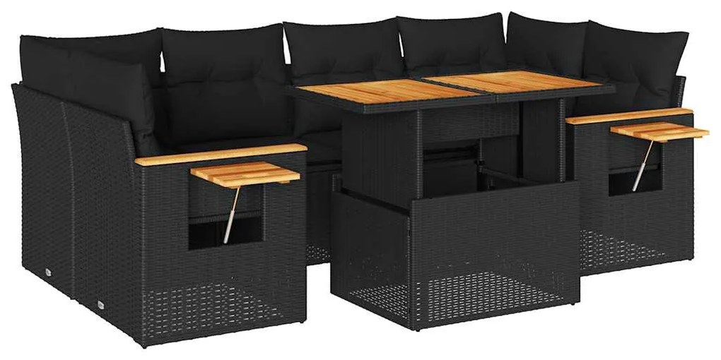 7 részes fekete polyrattan akácfa kerti ülőgarnitúra párnával