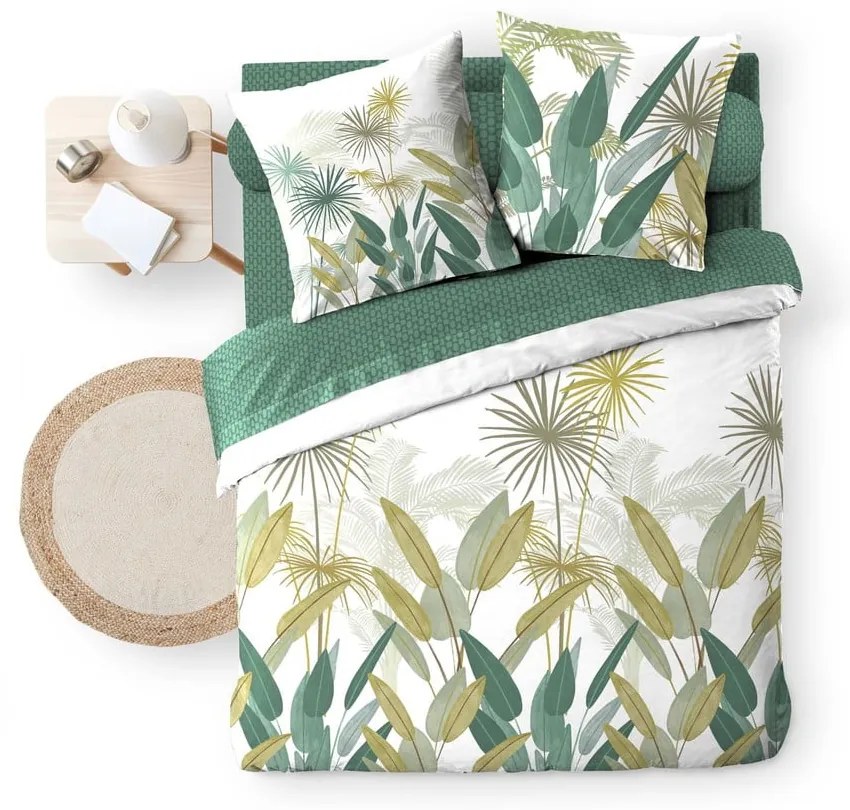 Fehér-zöld kétszemélyes-hosszabbított pamut ágyneműhuzat lepedővel-hatrészes 240x220 cm Otika – douceur d'intérieur