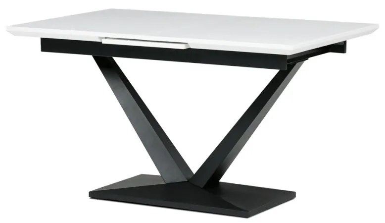 Masă de sufragerie, 140+40x85, cu blat MDF alb mat, picioare metalice negre.