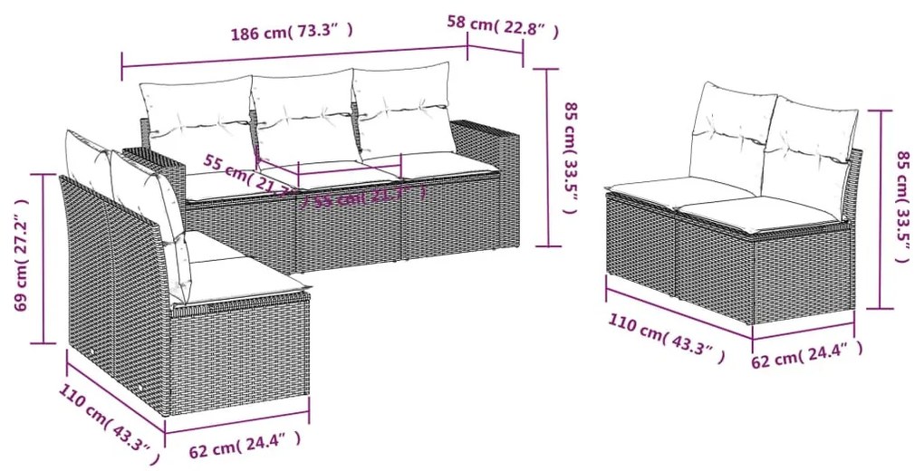 7 részes világosszürke polyrattan kerti ülőgarnitúra párnákkal