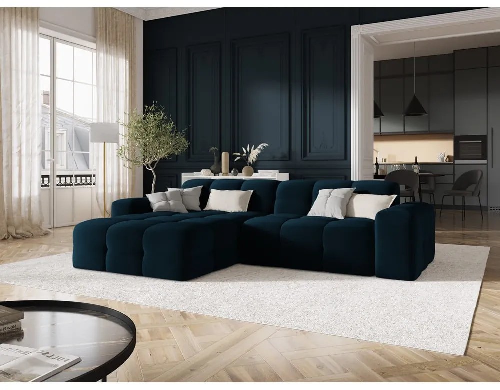 Sötétkék bársony sarokkanapé (bal oldali) Kendal – Micadoni Home