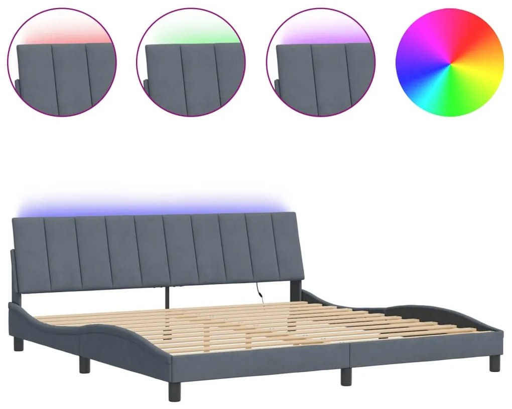 sötétszürke bársony ágykeret LED-világítással 200 x 200 cm