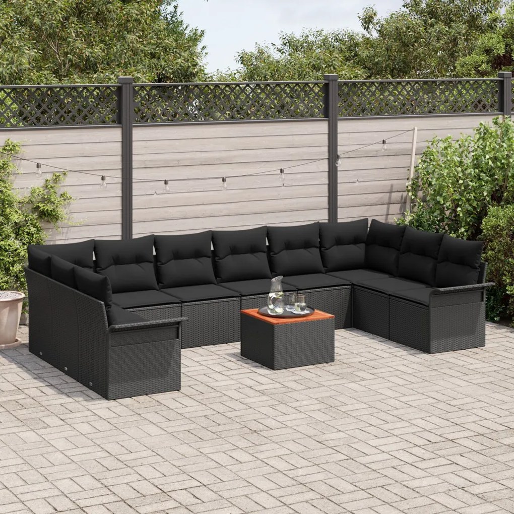 11 részes Kert Sofa Szett párnákkal Fekete Poli Rattan Akácia, 2 személyes Kert Sofa tárolóval és párnákkal Fekete Poli Rattan