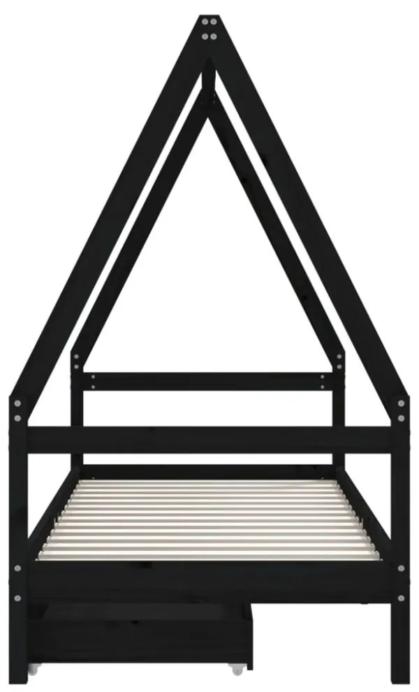 fekete tömör fenyőfa gyerekágykeret fiókokkal 90 x 200 cm