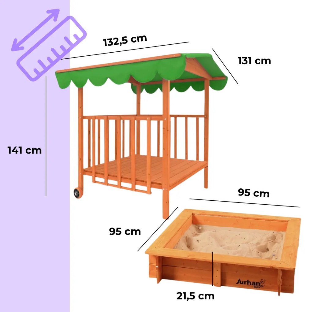 HAPPY verandás homokozó, 130x130x143cm, barna/zöld Jurhan