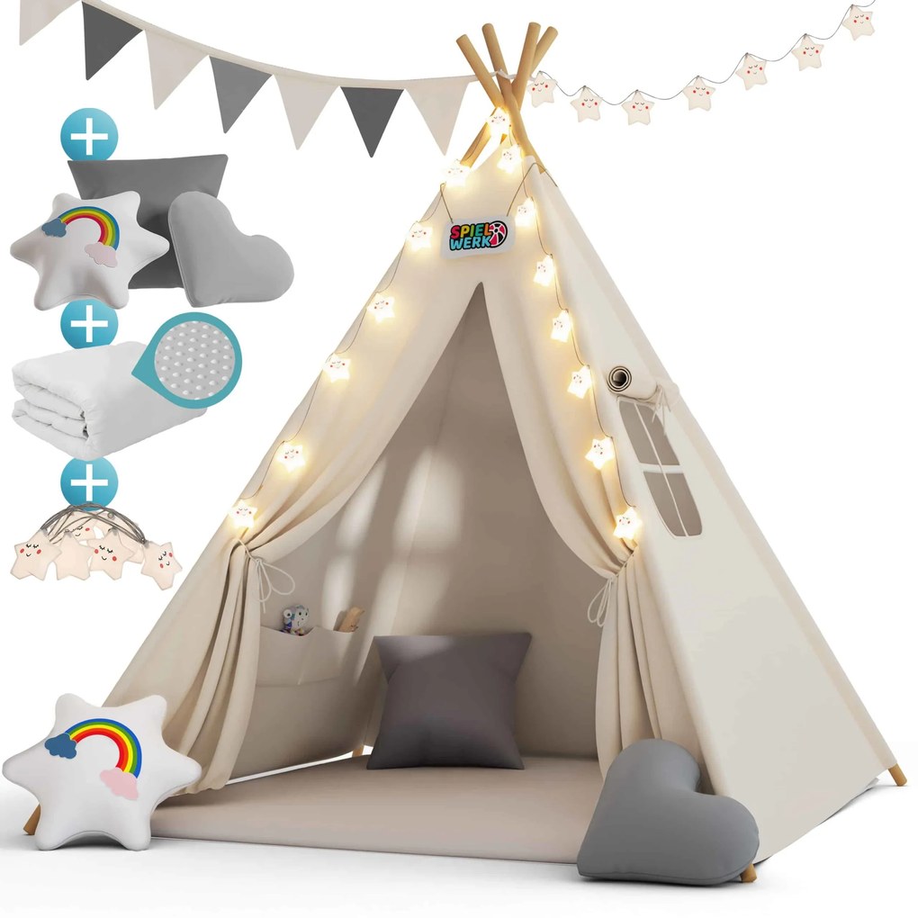 Spielwerk® Teepee gyereksátor 160x120x120cm - fehér