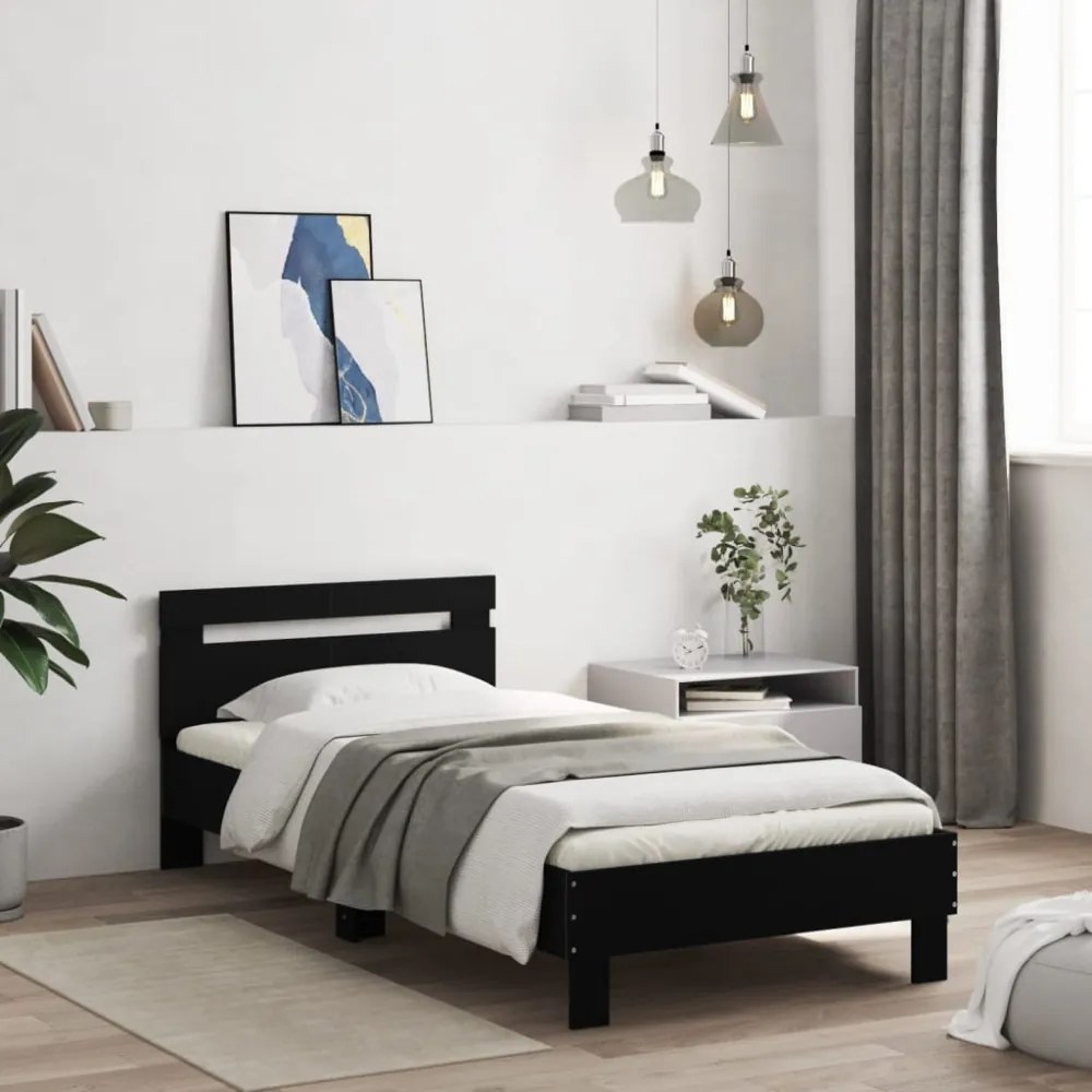 fekete szerelt fa ágykeret fejtámlával 100 x 200 cm