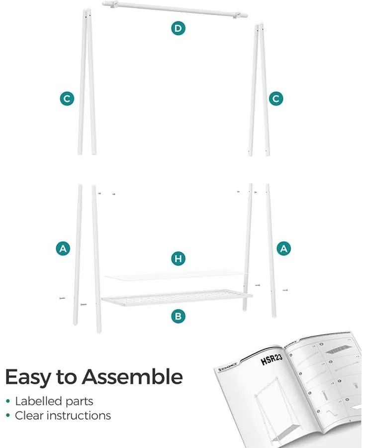 Ruhatartó állvány akasztórúddal és polccal, 33,5 × 92,5 × 153 cm, fehér színben