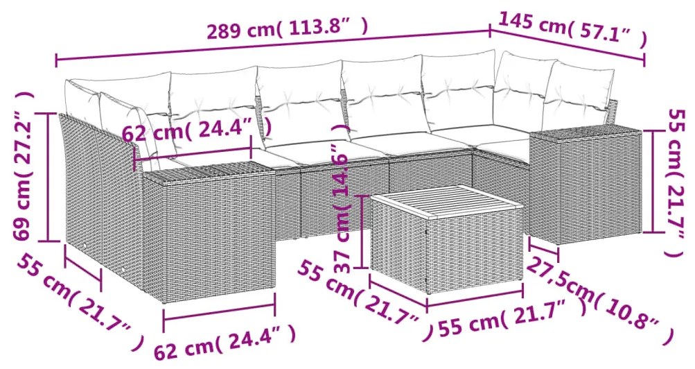 8 részes szürke polyrattan kerti ülőgarnitúra párnákkal