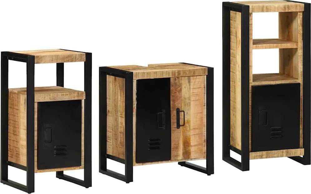 vidaXL Fürdőszoba bútor szett 3 pcs Barna és fekete Tömör Mangófát