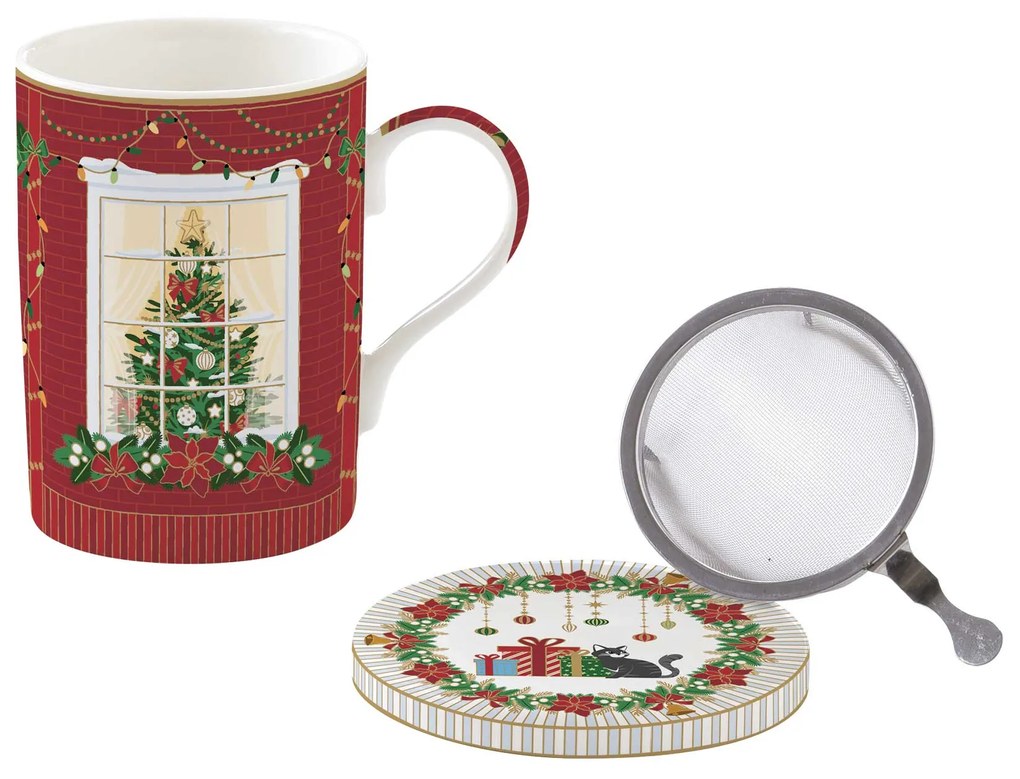 Karácsonyi porcelán teás bögre fém szűrővel díszdobozban Festive Avenue