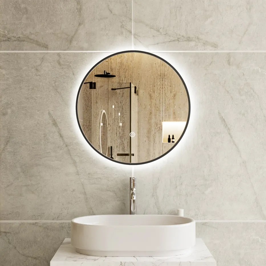 Erga Olivia, kerek LED tükör 50cm, fekete fém keret, 1150 lm, 6500K, elölről megvilágított, ERG-V01-202-5050-BK