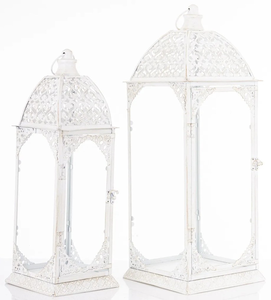 Vintage fehér szögletes 2db-os áttört fém lámpás lantern szett fogantyúval 50x17x17 / 62x22x22cm