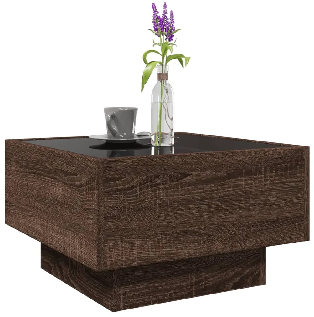 Barna tölgy szerelt fa dohányzóasztal LED-del 50 x 50 x 30 cm
