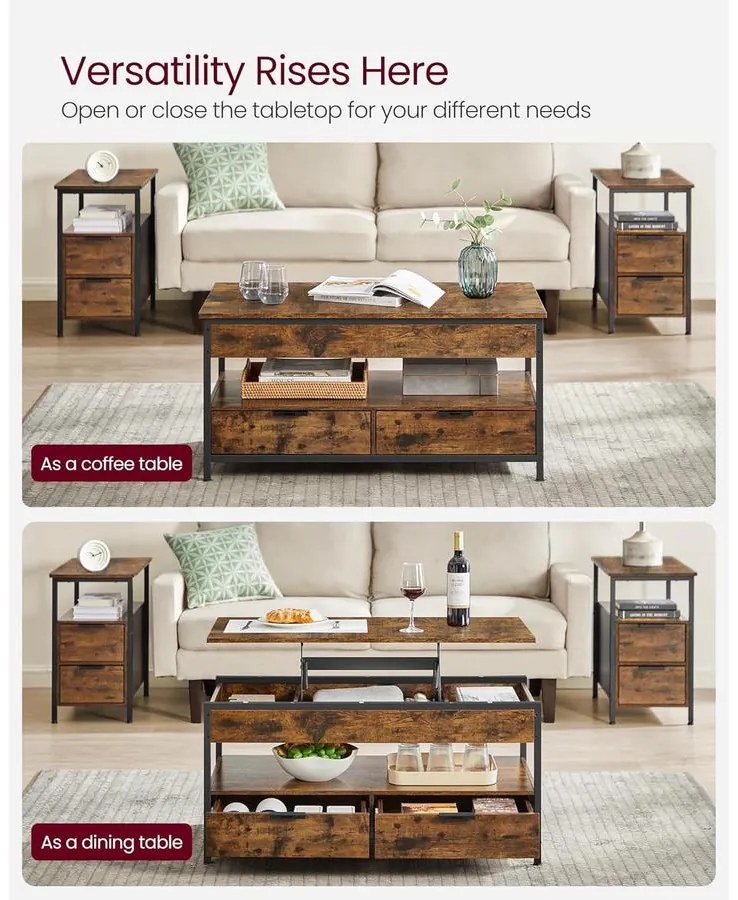 VASAGLE felnyitható fedelű dohányzóasztal rusztikus barna és tintafekete színben