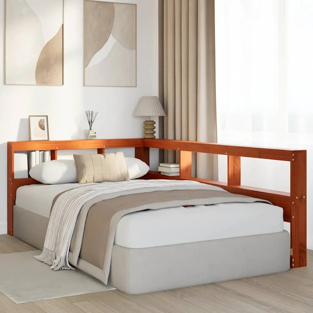 Könyvespolc fejtámla L-alakú viaszbarna 120 cm tömör fa fenyőfa