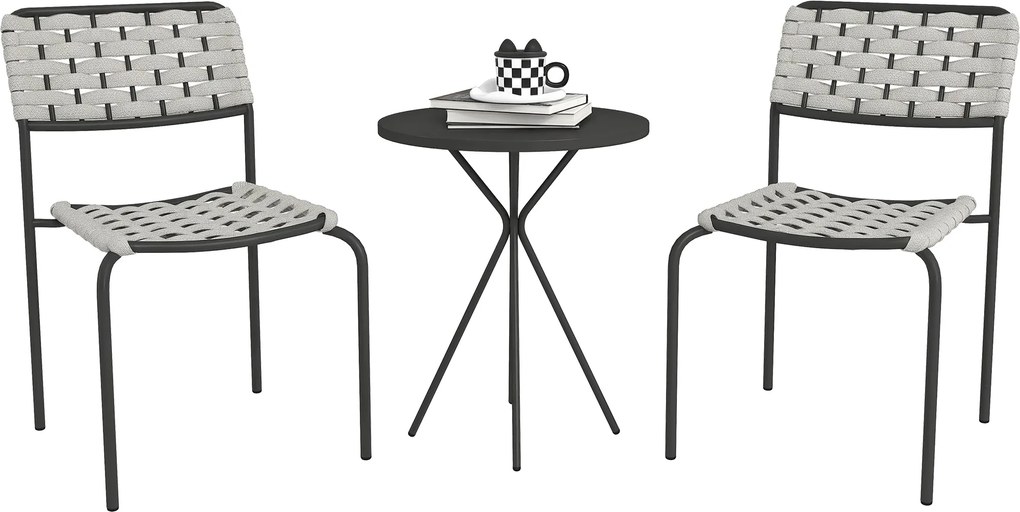 Outsunny Poly Rattan Kültéri Bútor Szett, Kert és Balkon Bútor 2 Személyre, 3 Darabos Ülőgarnitúra 2 Összecsukható Székkel és Asztallal, Időjárásálló