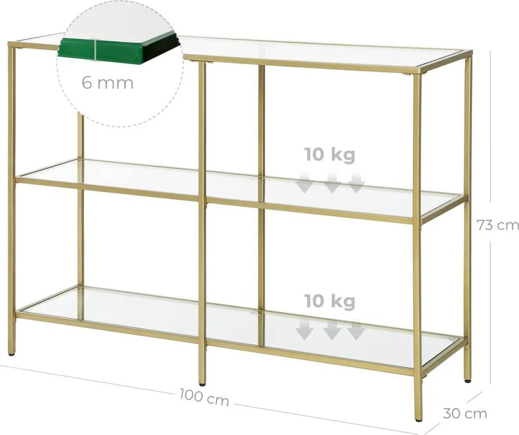Konzolasztal polcokkal edzett üveglappal, arany 100x30x73cm