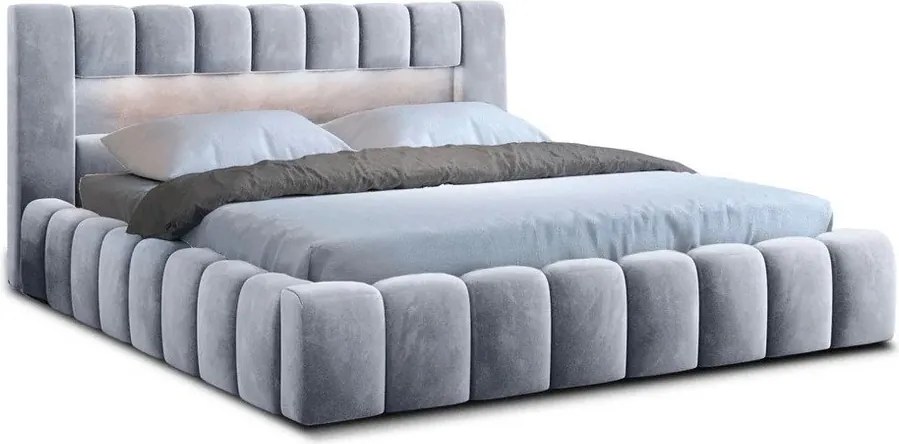 Világosszürke kárpitozott ágyneműtartós franciaágy ágyráccsal 140x200 cm Lamica – ELTAP