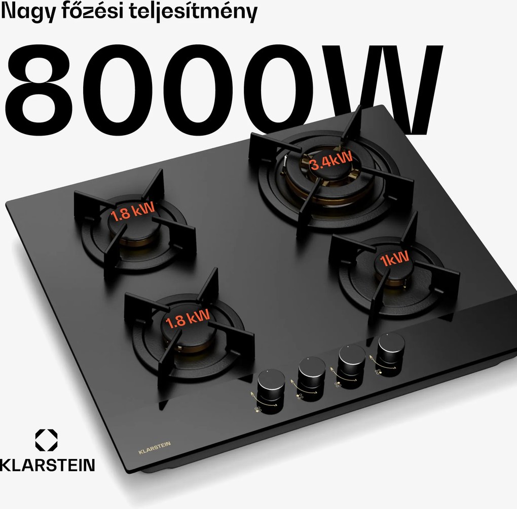 Klarstein Goldflame Nano gáz főzőlap, 4 sárgaréz égő, Nano bevonat, LPG/földgáz