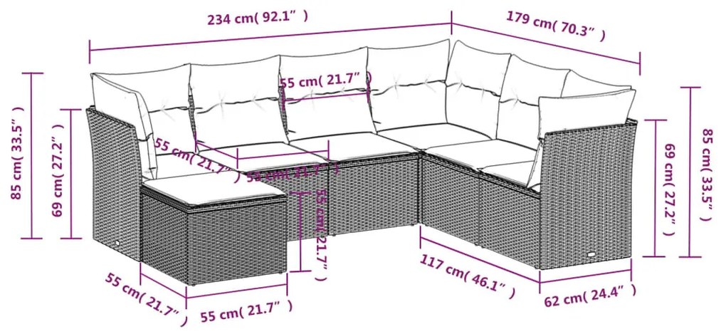 7 részes világosszürke polyrattan kerti ülőgarnitúra párnákkal