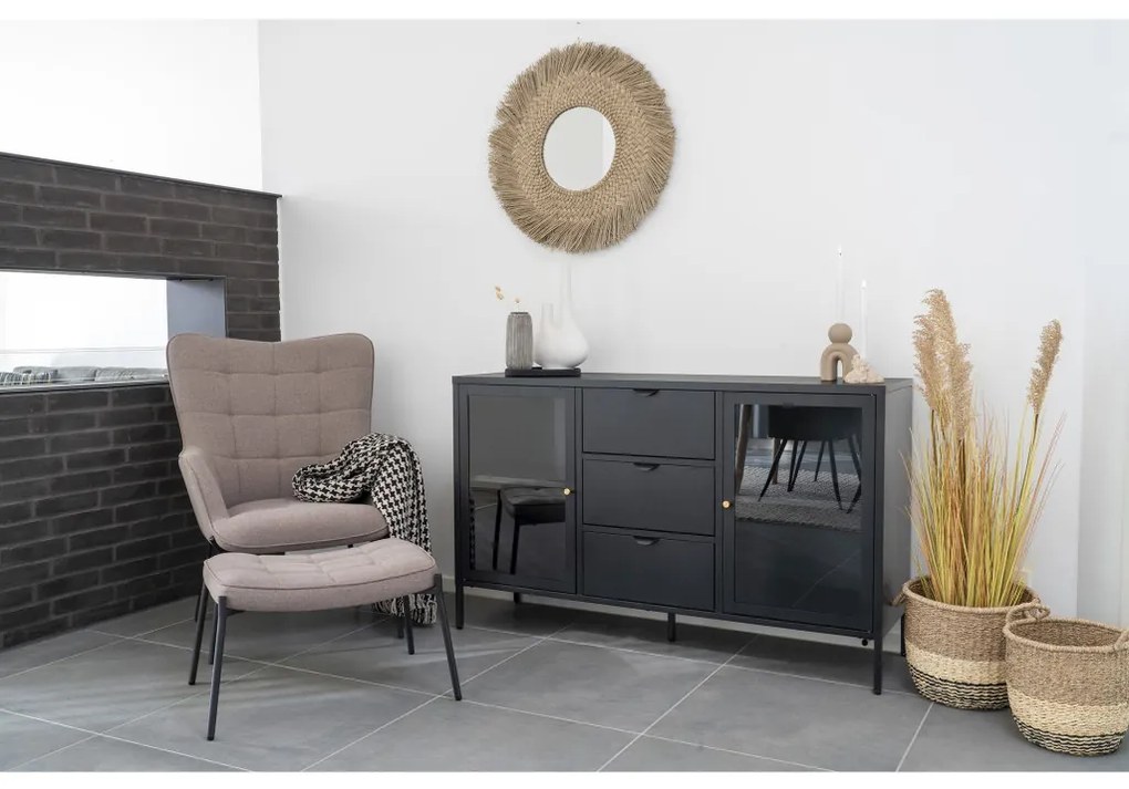 Dalby vitrines komód, 2 ajtó, 3 fiók, acél, fekete 140x40x85 cm