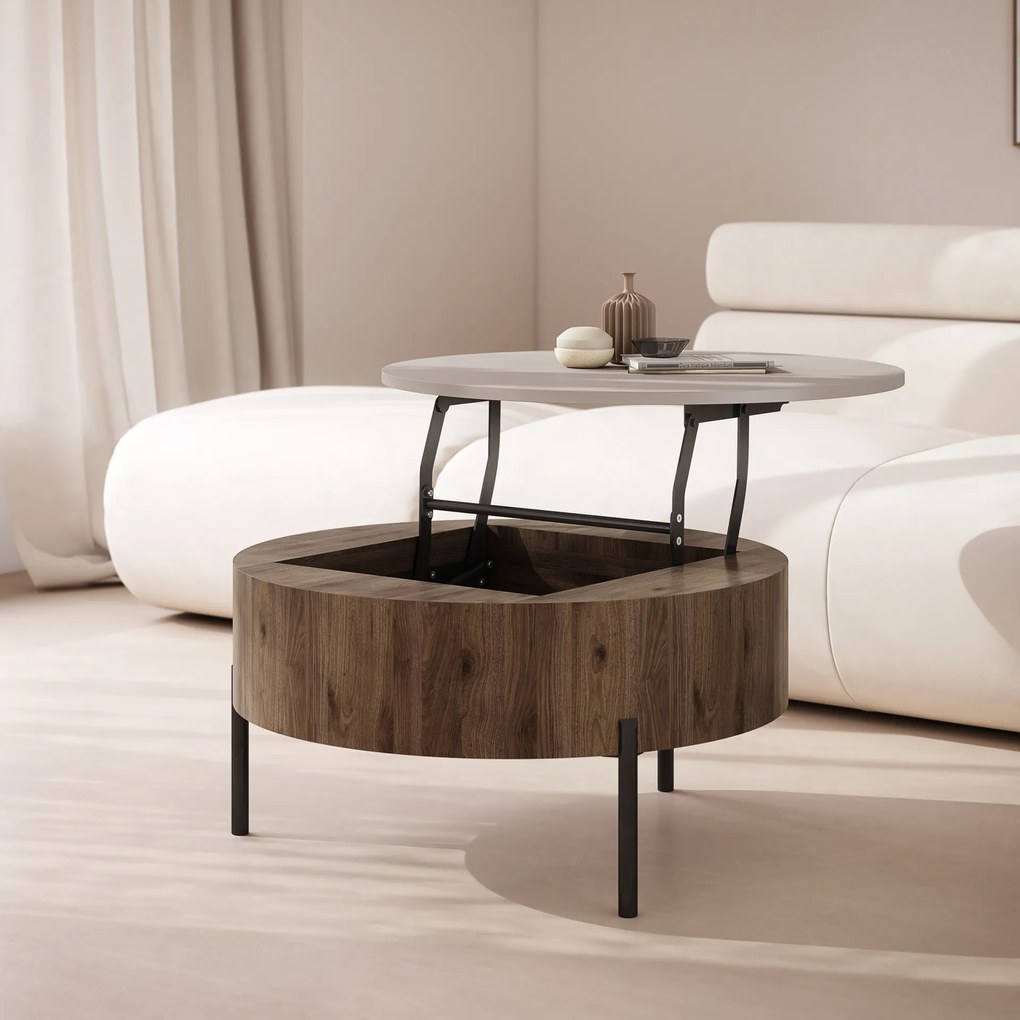 Mazzoni FRIDA Bézs Taupe / Elegáns Diófa – MODERN DOHÁNYZÓASZTAL FELHAJTHATÓ LAPPAL ÉS TÁROLÓVAL