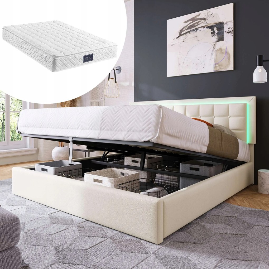 Dupla Led kárpitozott ágy 140x200CM Hidraulikus Fehér+Matrac