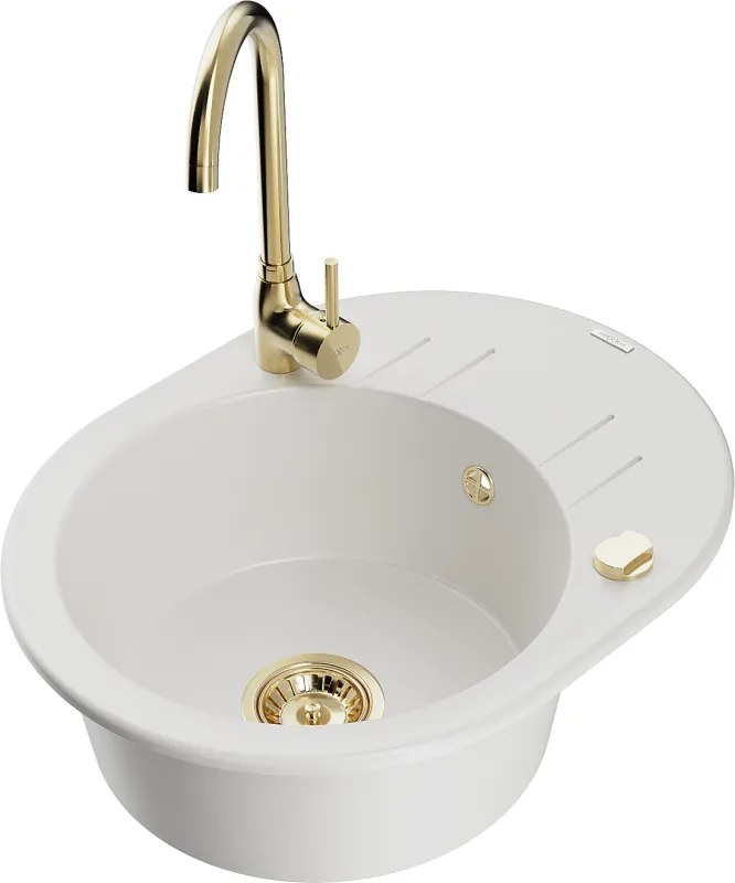 Mexen Kevin 1 rekeszes gránit mosogató csepegtetővel és Telma konyhai csapteleppel, fehér - 6517-20-670200-50