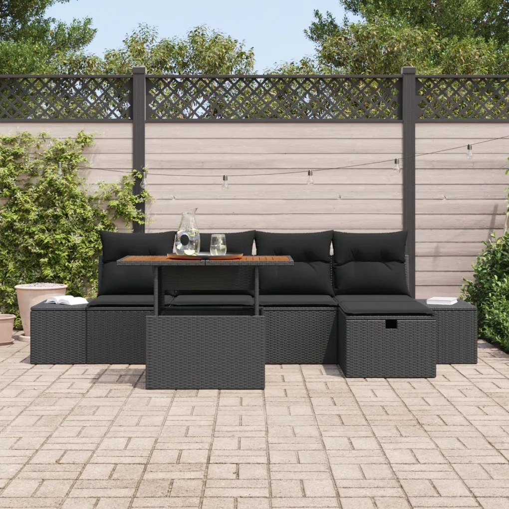 6 darabos Kerti Sofa Szett Párnákkal Fekete Poli Rattan
