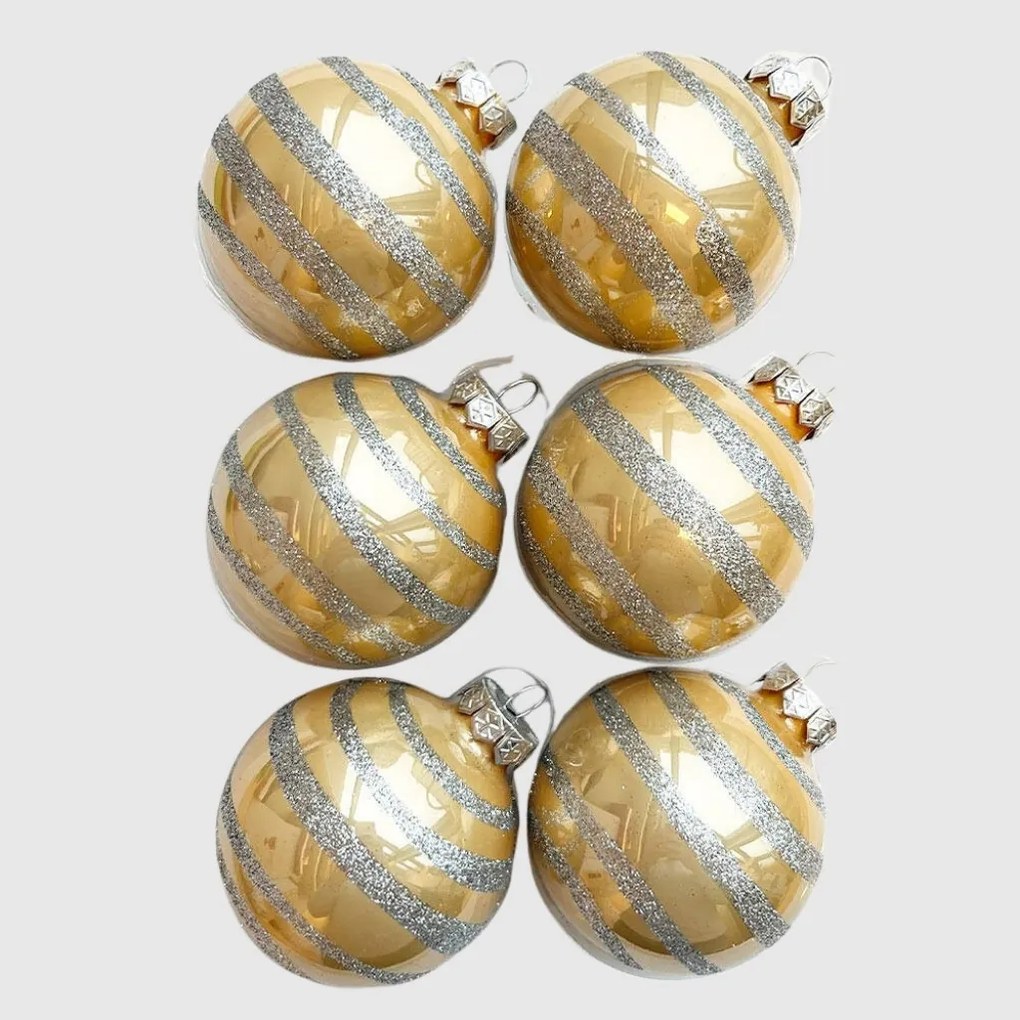 Silver glitter stripe pezsgőszínű kézzel festett üveg karácsonyi gömb szett 6*7cm