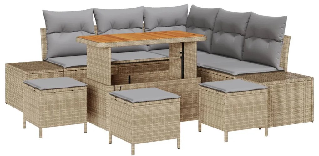 8 Darabos Kert Sofa Szett Párnákkal Bézs Poli Rattan Akác, 2 Személyes Kert Sofa Párnákkal Bézs Poli Rattan, 3 Darabos Kert Étkező Szett Párnákkal Bézs Poli Rattan Akác
