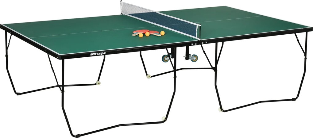 SPORTNOW Görgethető Asztali Tenisz Asztal, Összecsukható Asztal Tenisz Hálós Nettel, Kerekekkel, 2 Racket és 3 Labda, Acél, Zöld, Asztal Tenisz Asztal