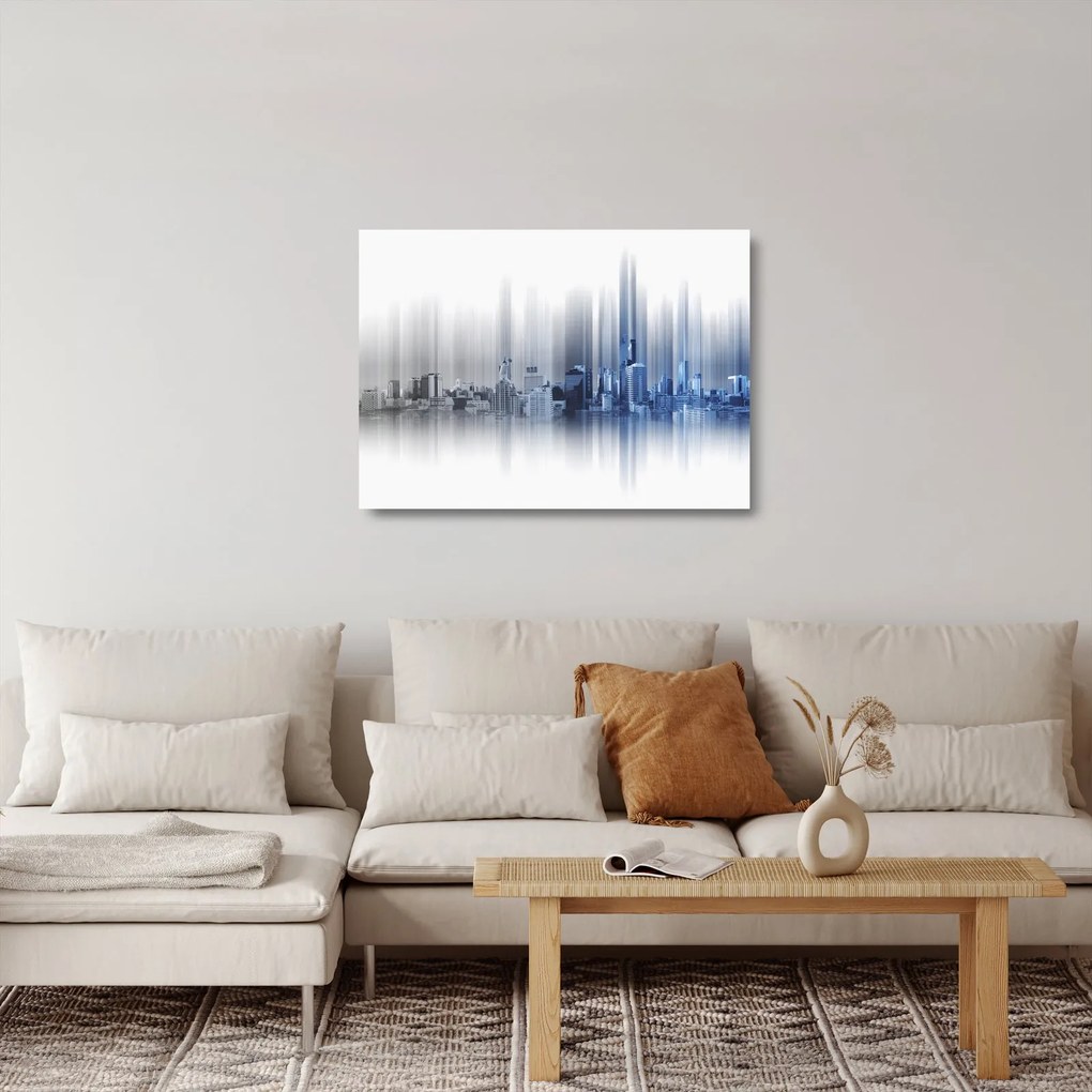 Kép - Panoráma a városra, kék-szürke (üvegen) (70x50 cm)