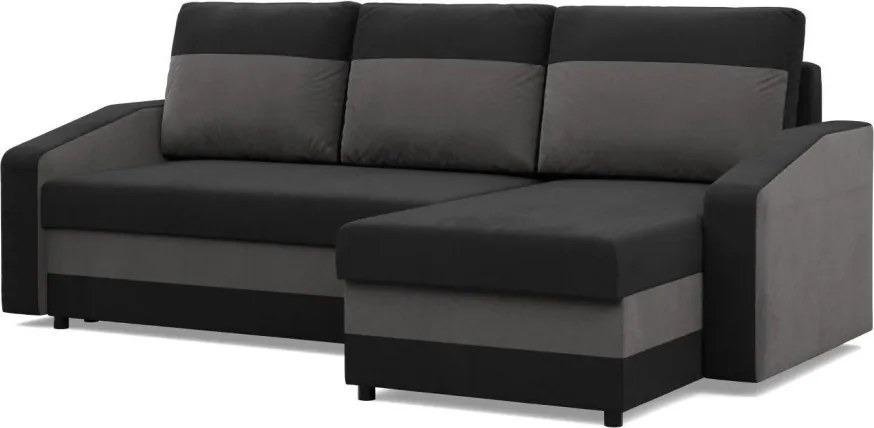 Hewlet sarokkanapé, 2 ágyneműtartóval, szövet anyag, univerzális oldal, hab töltet, fekete - szürke