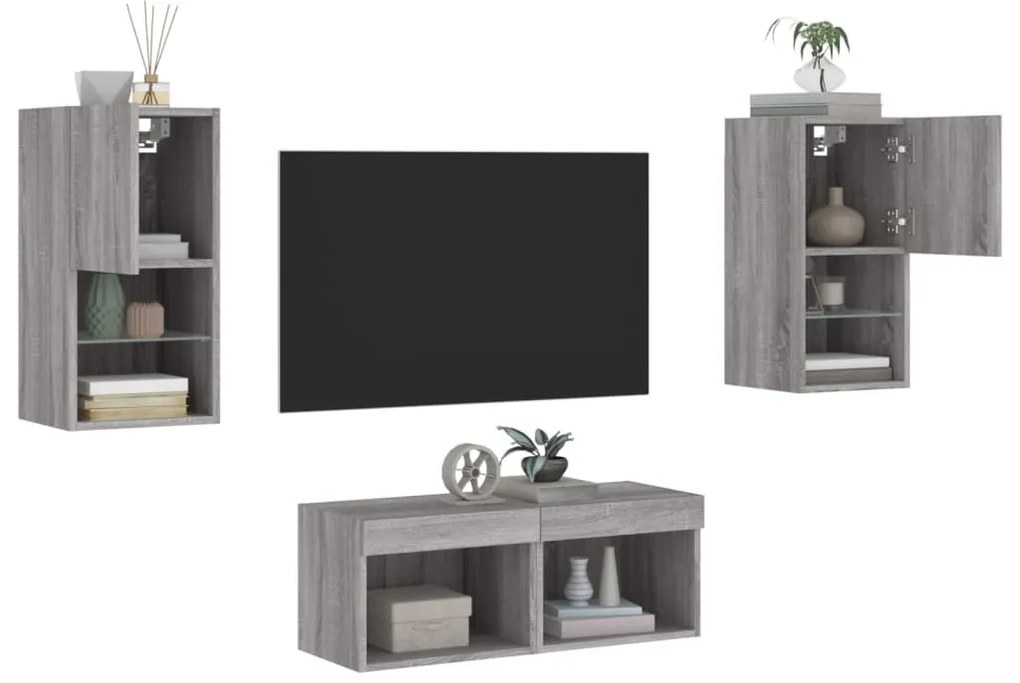 4darab szürke sonoma színű falra szerelhető TV-szekrény LED-del