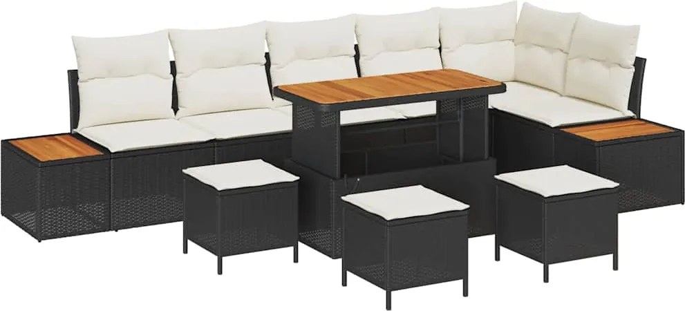 vidaXL Kerti Kanapé Szett párnával tárolóval 10 pcs Fekete Poli rattan