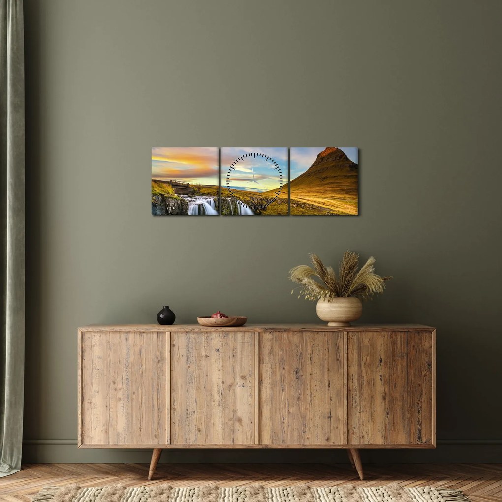 Kép a hegyekről és vízesésekről Izlandon (órával) (90x30 cm)
