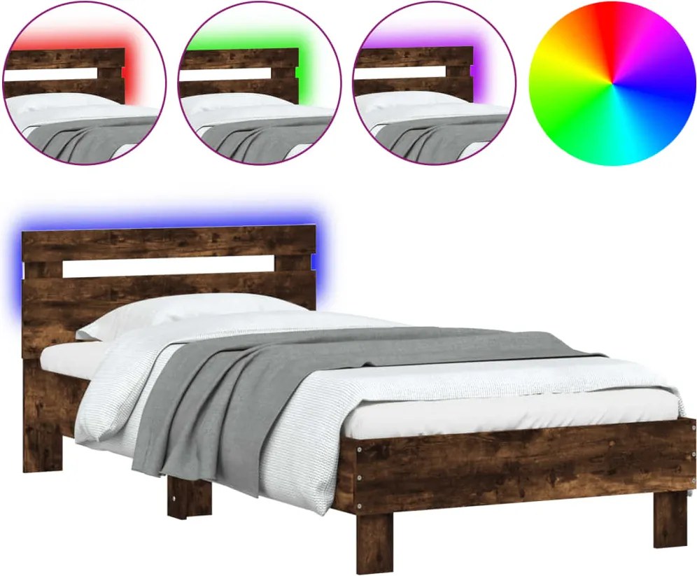 vidaXL füstös tölgy színű ágykeret fejtámlával és LED-ekkel 90x190 cm