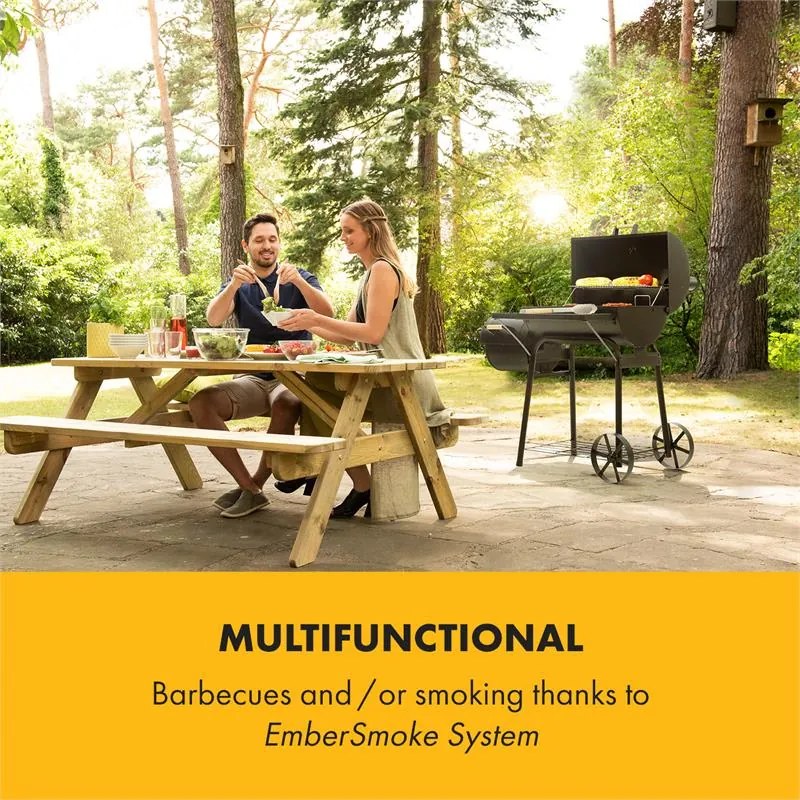 Klarstein Beef Brisket, grill füstölővel, hőmérő, kerekek, fekete