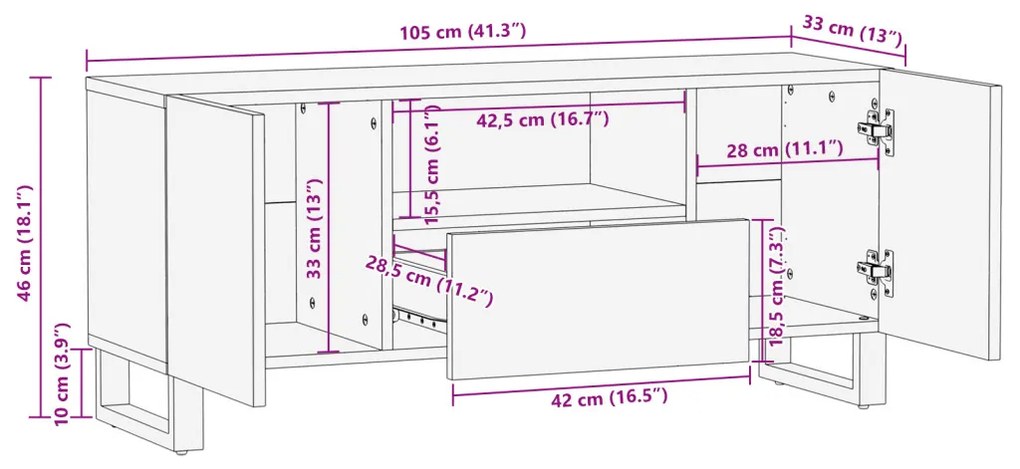 TV Szekrény - 105 x 33,5 x 46 cm, Tömör Mangófából