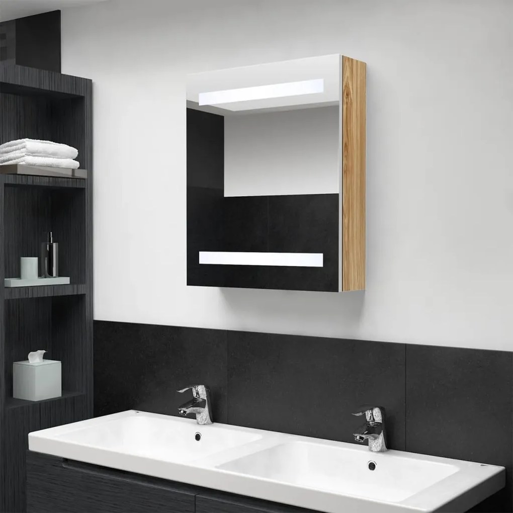 fehér-tölgyszínű LED-es tükrös fürdőszobaszekrény 50x14x60 cm