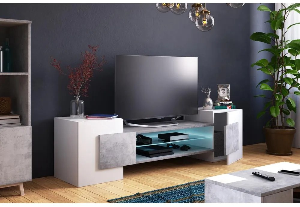 Tv szekrény/asztal Gavin (világítással) (fehér + beton). 1098611