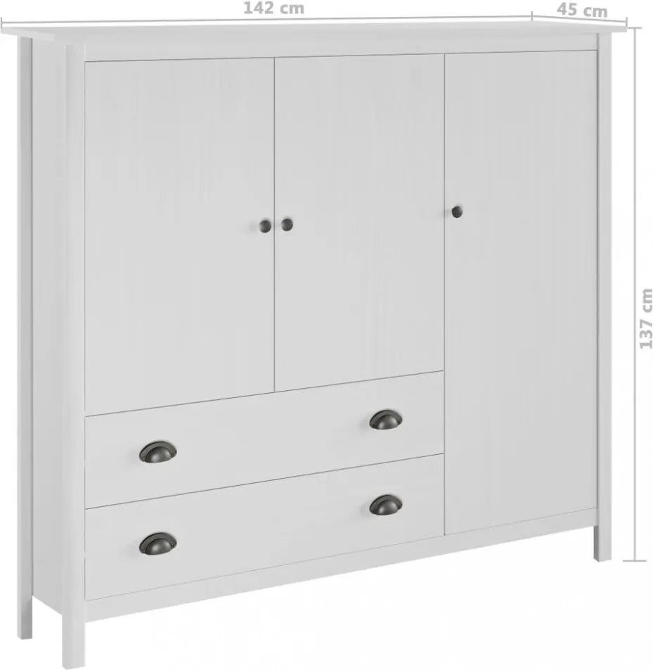 Hill range fehér 3 ajtós tömör fenyő ruhásszekrény 142x45x137cm