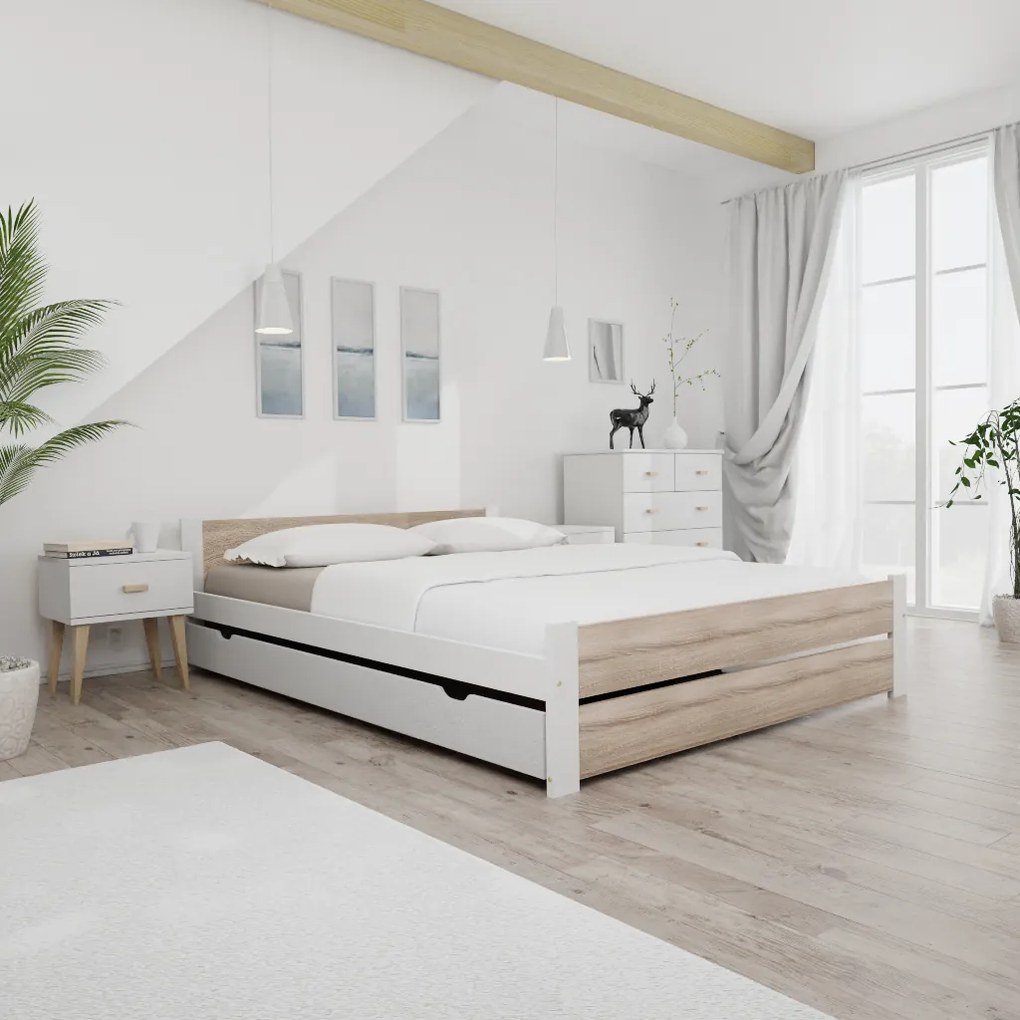 IKAROS DOUBLE ágy 140 x 200 cm, fehér/szonomatölgy Matrac: Deluxe 10 cm matraccal, Ágyrács: Ágyrács nélkül