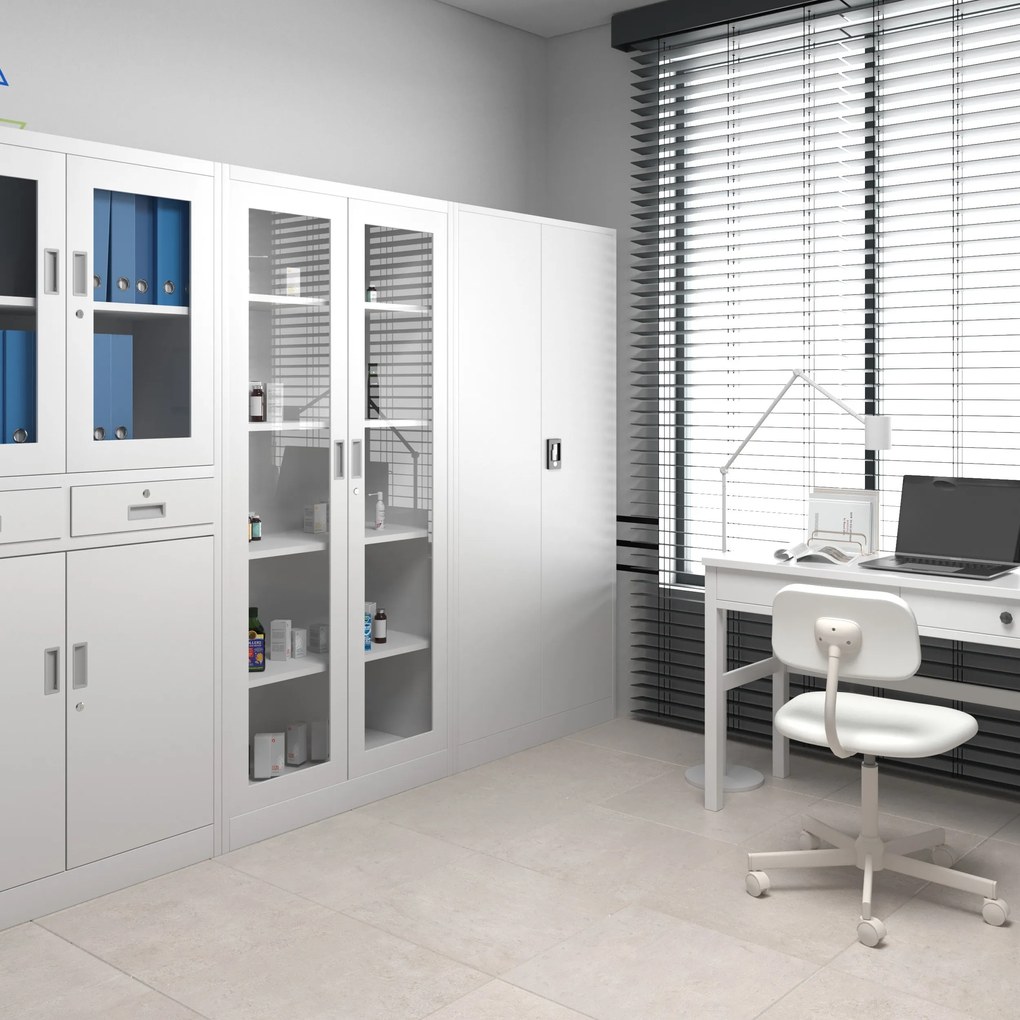 Vitrines fém szekrény üvegezett ajtókkal AMELIA, 900 x 1850 x 400 mm, fehér