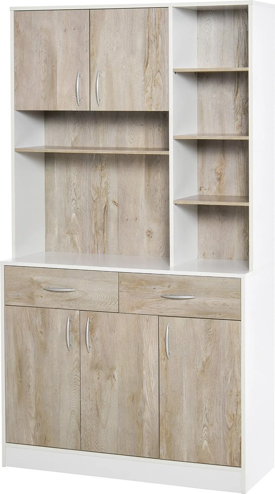 HOMCOM Konyhai Buffet Tálalószekrény Ajtós Fiókos és Nyitott Rekeszes, 100L x 39W x 181,5H cm Fehér és Fás | Aosom